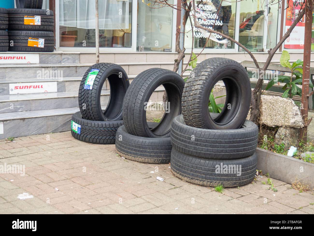 Batumi, 11.29.2023 Shop selling car tires. Spare parts sales
