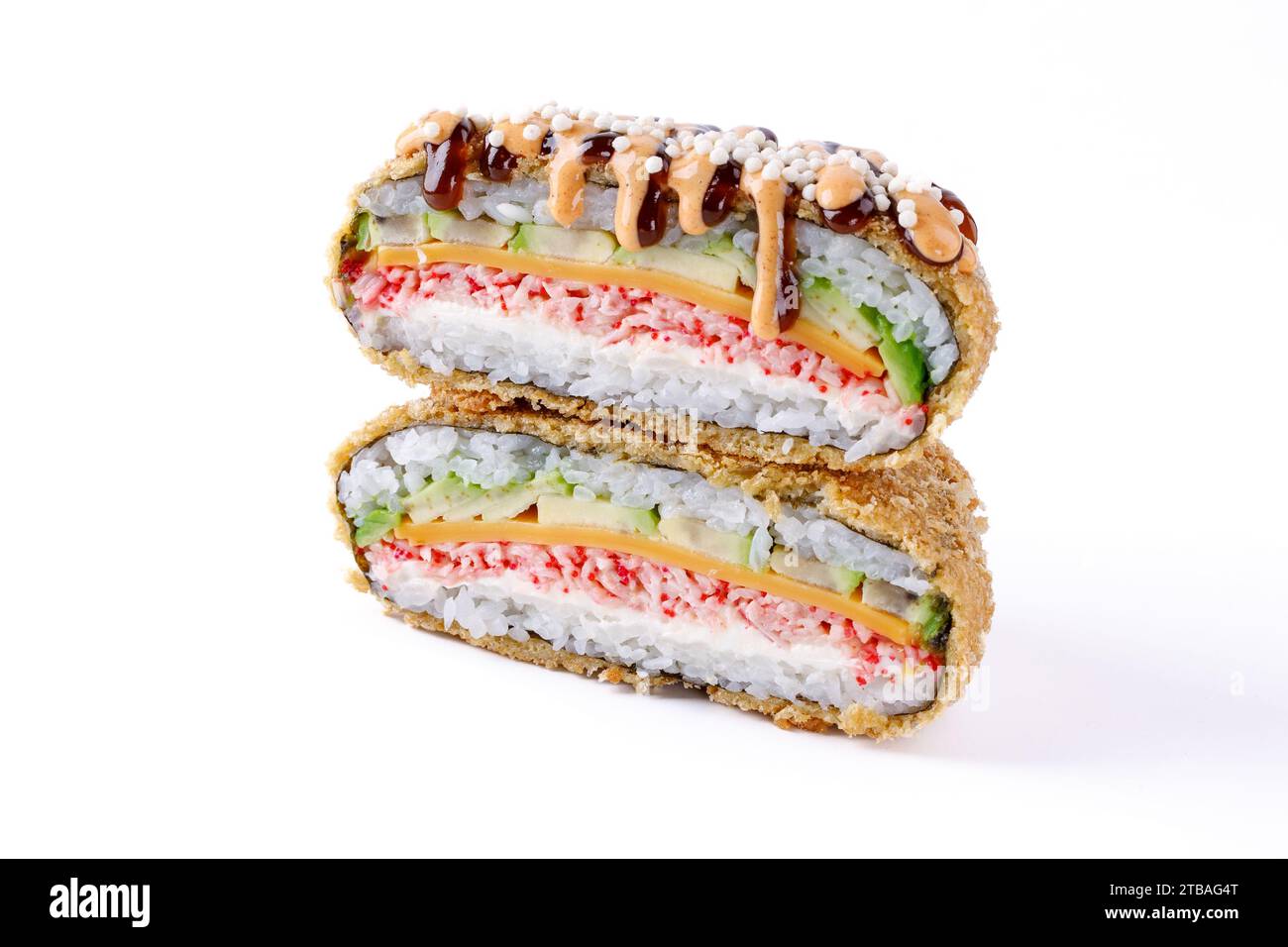 appetizing fresh sushi burgers on white background for food delivery site 1 Stock Photo