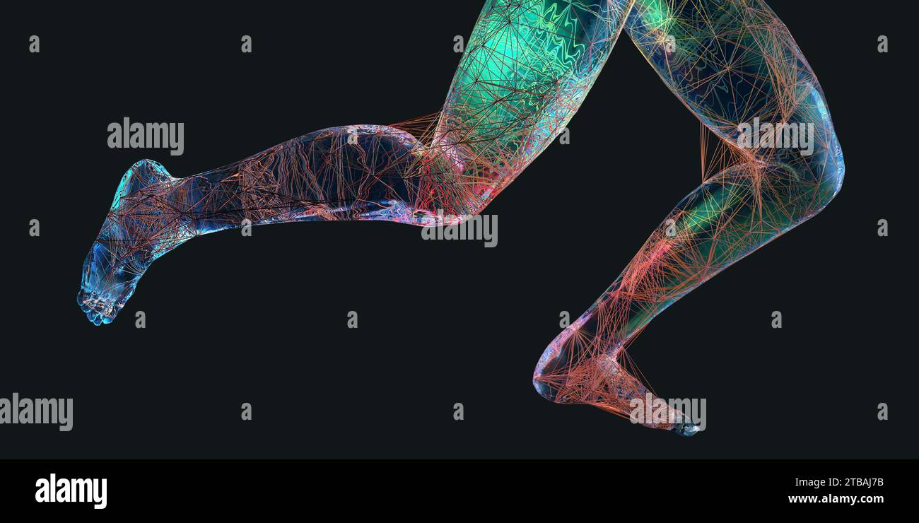 Transparent human body in motion with internal connections to