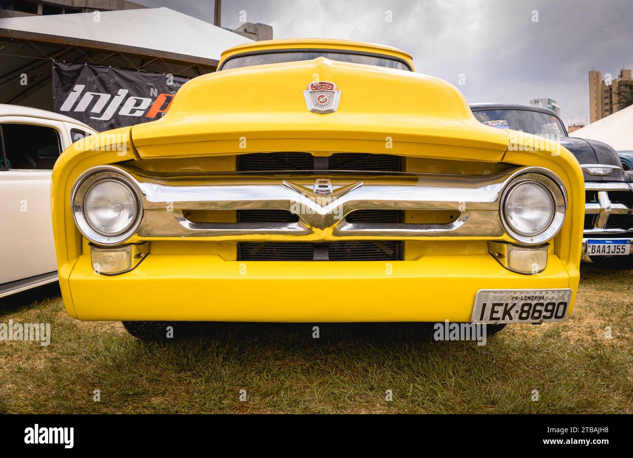 Detail of vehicle Ford F100 1957 on display at a vintage car fair show