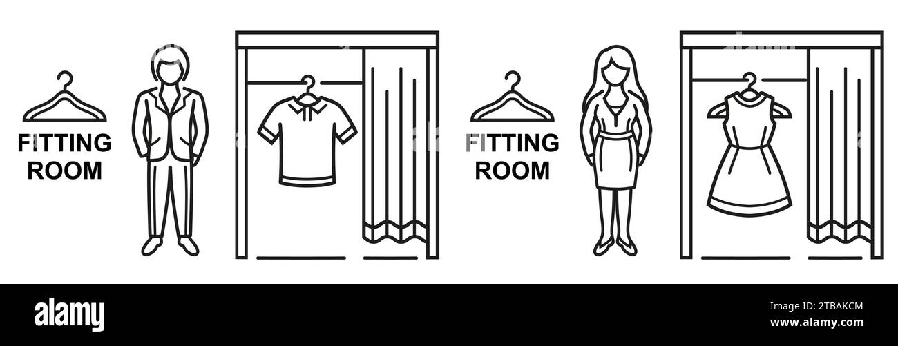 Fitting changing room, man, woman public dressing cabin, try clothing in fashion store line icon. Buy t-shirt, dress in shop. Clothes hanger, Vector Stock Vector