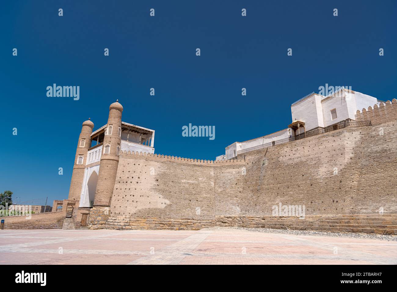 View to the entrance Gates of the Ark, the Medieval massive Bukhara Fortress in Uzbekistan Stock Photo