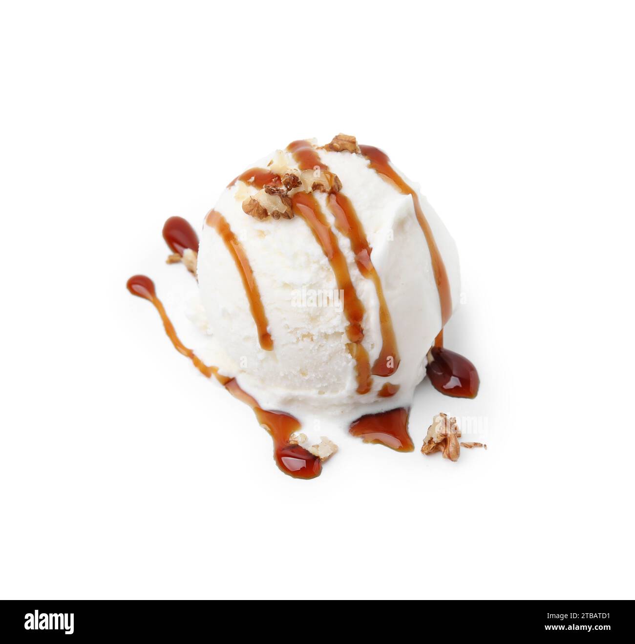 Scoop of ice cream with caramel sauce and nuts isolated on white Stock ...