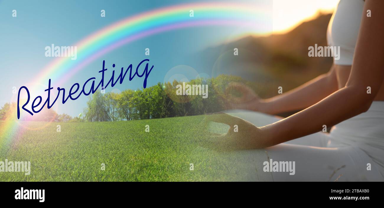 Wellness retreat. Double exposure with woman meditating outdoors and bright rainbow over meadow, banner design Stock Photo