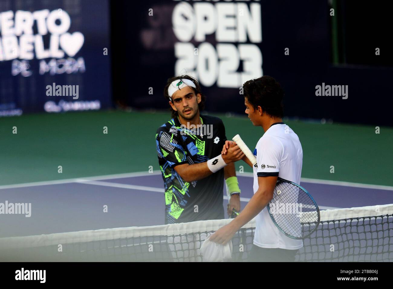 Puerto Cabello, Carabobo, Venezuela. 5th Dec, 2023. December 05, 2023. Juan Bautista Torres (L) From Argentina, and Ignacio Parisca (R) from Venezuela, finishing the match in the Dracula Open international tennis tournament in the city of Puerto Cabello, Venezuela. Photo: Juan Carlos Hernandez (Credit Image: © Juan Carlos Hernandez/ZUMA Press Wire) EDITORIAL USAGE ONLY! Not for Commercial USAGE! Stock Photo