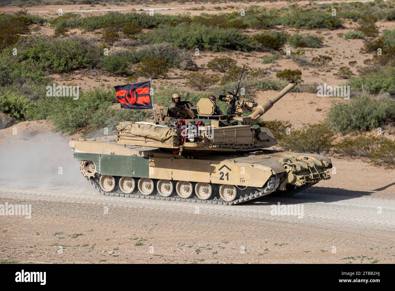 A U.S. Army M1A2 SEPv2 Abrams assigned to Alpha Company, 1st Battalion, 67th Armor Regiment, 3rd Brigade Combat Team, 1st Armored Division prepares to move onto the range to conduct Table Tank VI Gunnery at McGregor Range, New Mexico, Sept. 20, 2023. Gunnery Table VI evaluates crews on engaging stationary and moving targets while utilizing all weapons systems in offensive and defensive positions, ensuring our crews are trained and ready for any mission. (U.S. Army photo by Spc. David Poleski) Stock Photo