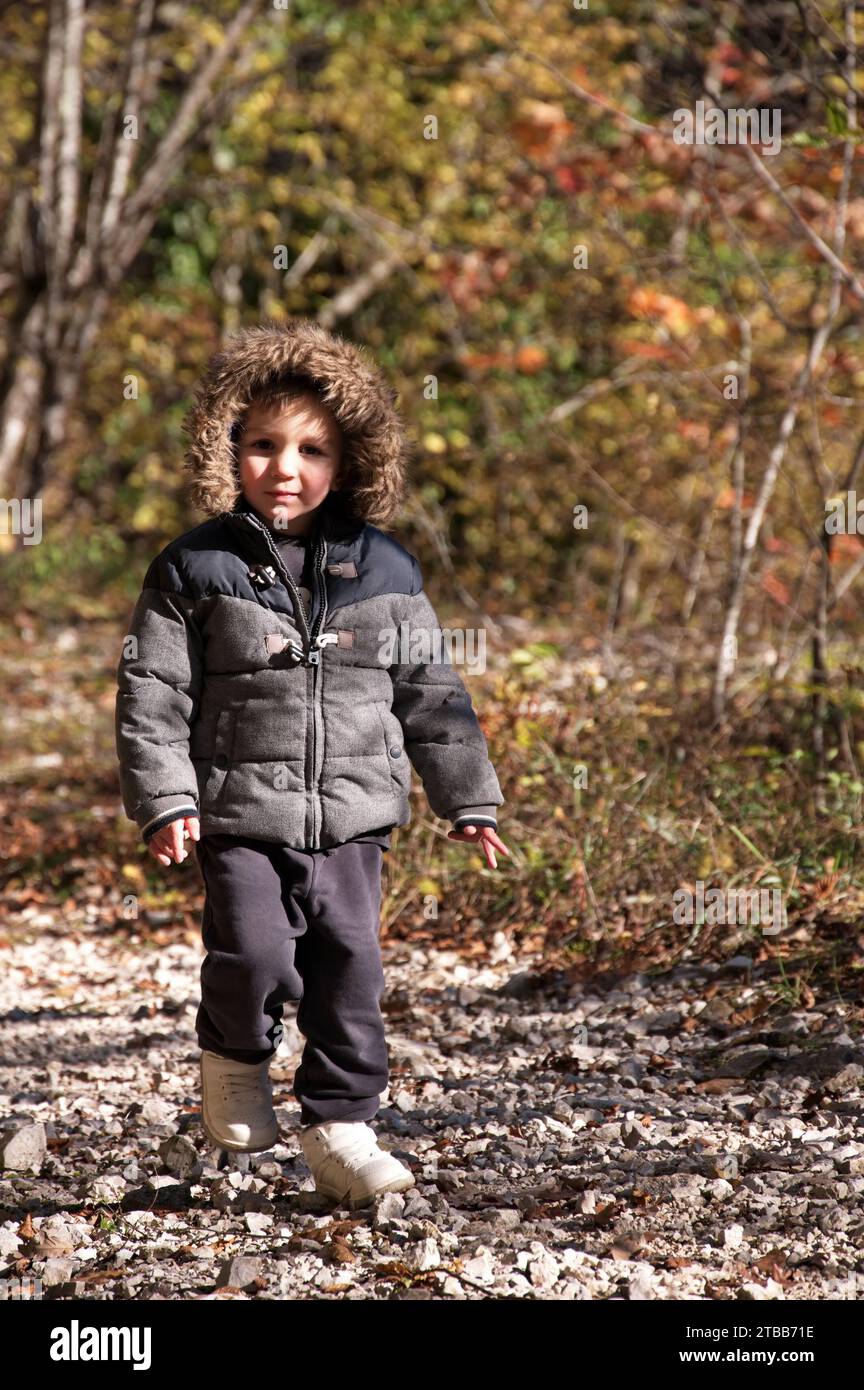 Little toddler walking in the forest Stock Photo