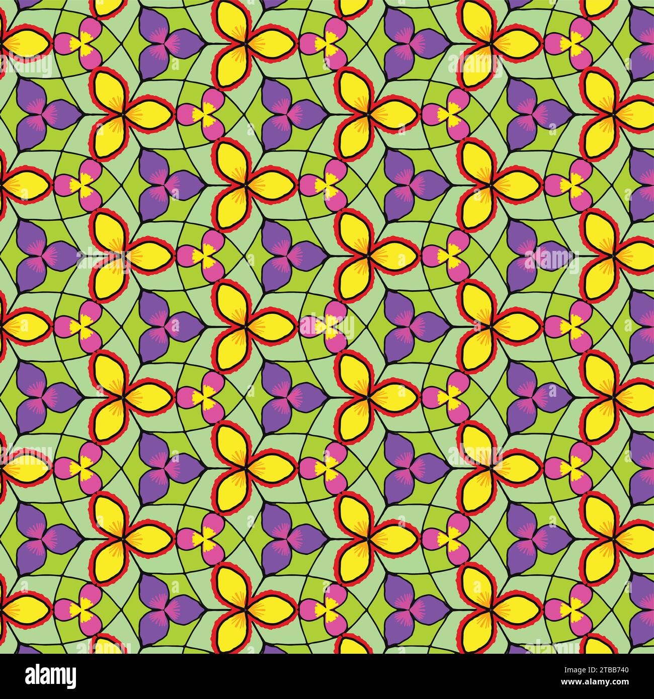 A vibrant seamless pattern of stylized purple and yellow flowers with green leaves, reminiscent of Art Nouveau stained glass Stock Vector