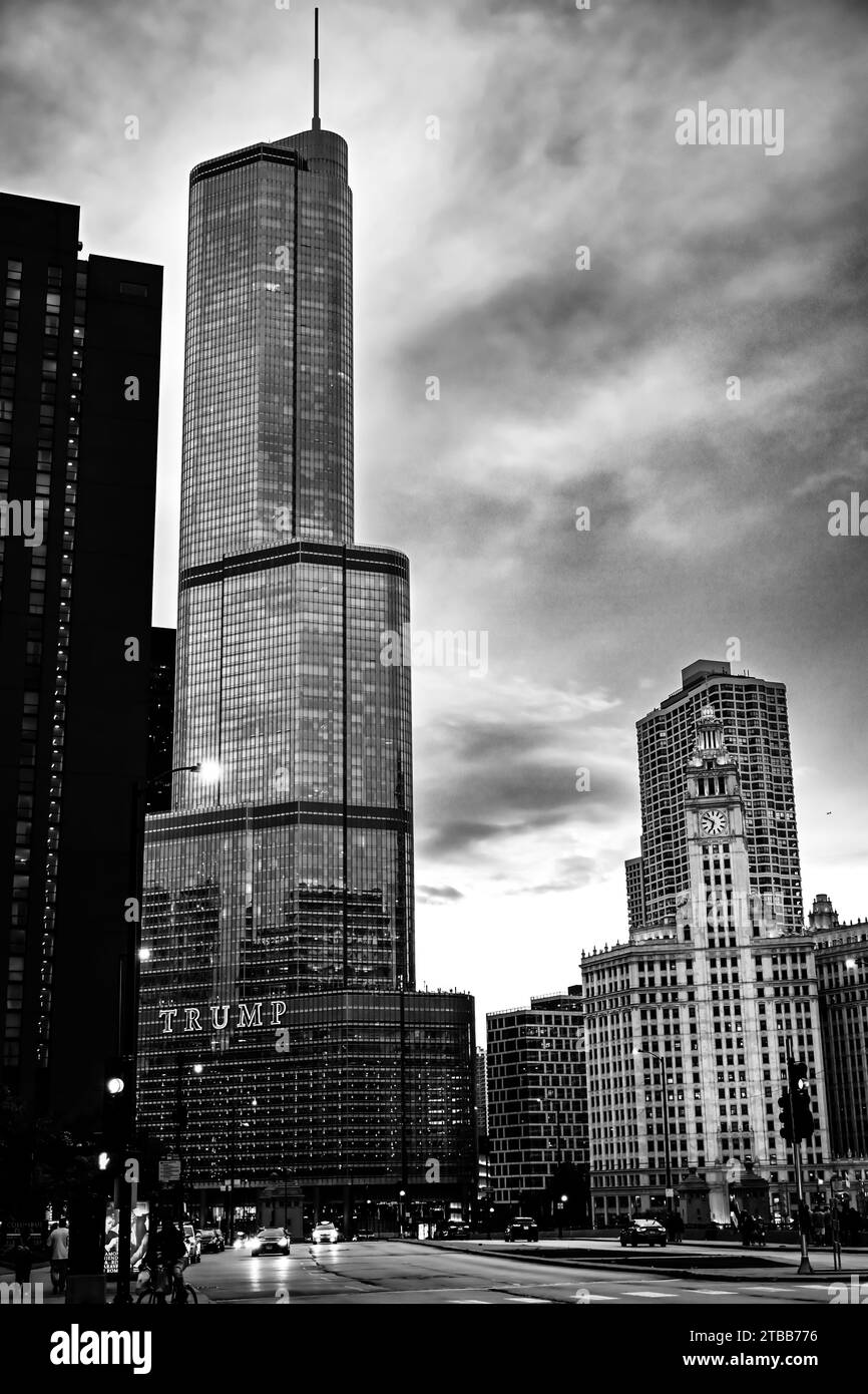 Chicago, Illinois, USA - 9.16.2023: View looking west down Kinzie Street towards Trump International Hotel.  Stock Photo