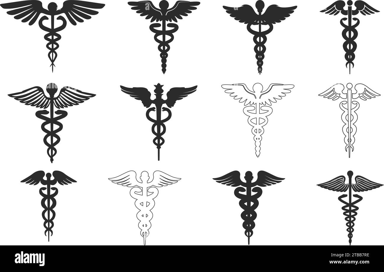 Caduceus symbol silhouette, Caduceus symbol, Medical symbol silhouette, Medical symbol, Caduceus symbol clipart, Caduceus Medical symbol silhouette. Stock Vector