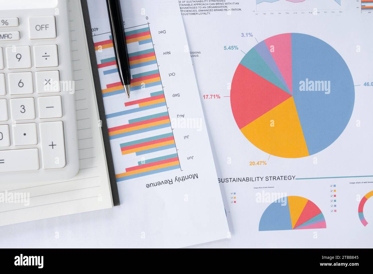 graphs, and charts on the table. Financial development, Banking Account, Statistics Stock Photo