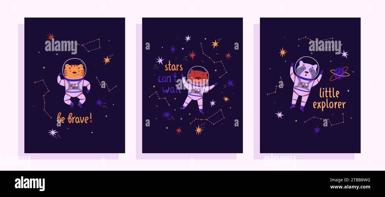 Cute space vector posters. Raccoon, tiger and bear astronaut in outer ...