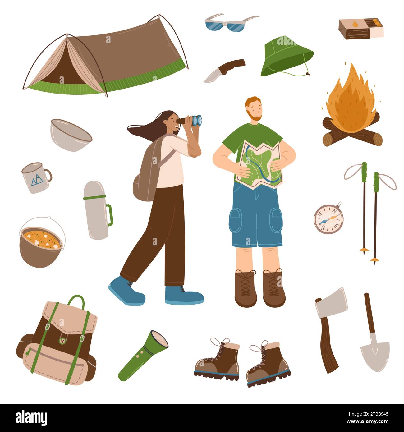 Camping and hiking set, characters concept and hand drawn elements - tent, campfire, map and backpack. Happy travelers are looking for the right way o Stock Vector