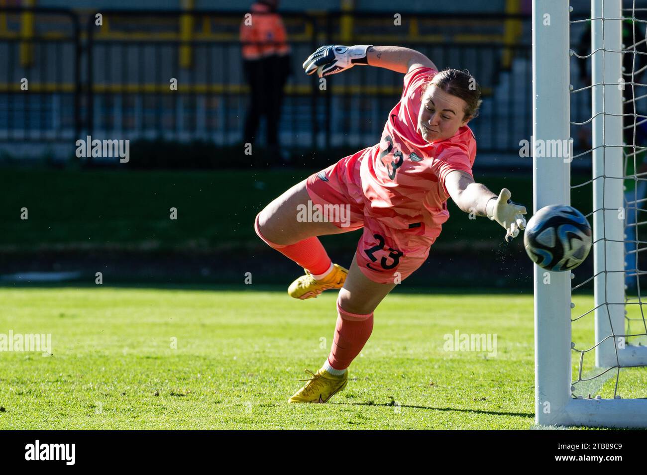 Bogota, Colombia. 05th Dec, 2023. New Zealand's goalkeeper Anna Leat clears a shot during the second international friendly match between Colombia's national female team (1) and New Zealand (0), in Bogota, Colombia, December 5, 2023. Photo by: Sebastian Barros/Long Visual Press Credit: Long Visual Press/Alamy Live News Stock Photo