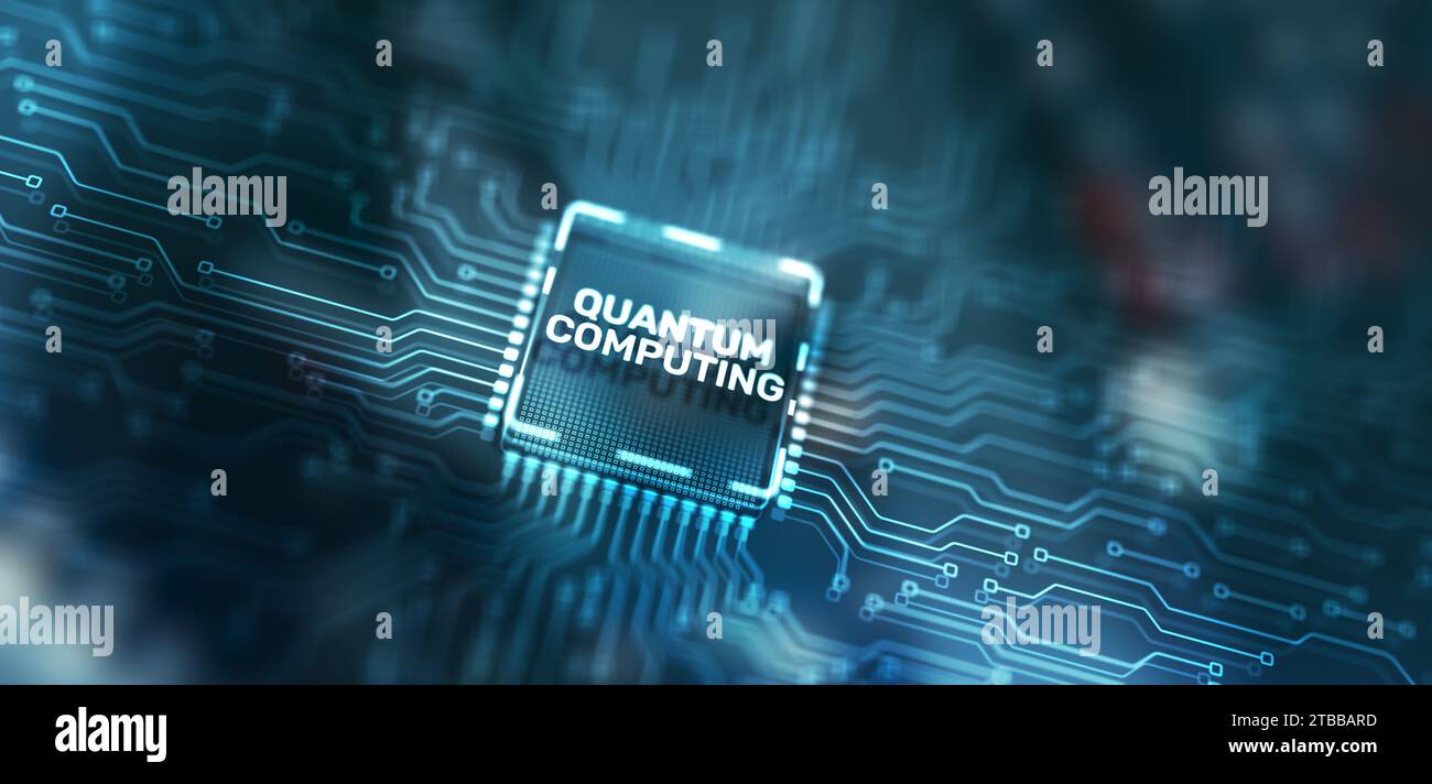 Quantum computing concept. The inscription on the processor icons. Stock Photo