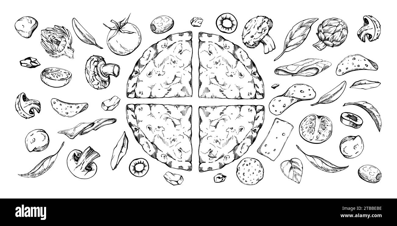 Hand drawn vector ink illustration. Pizza dough slice, assorted