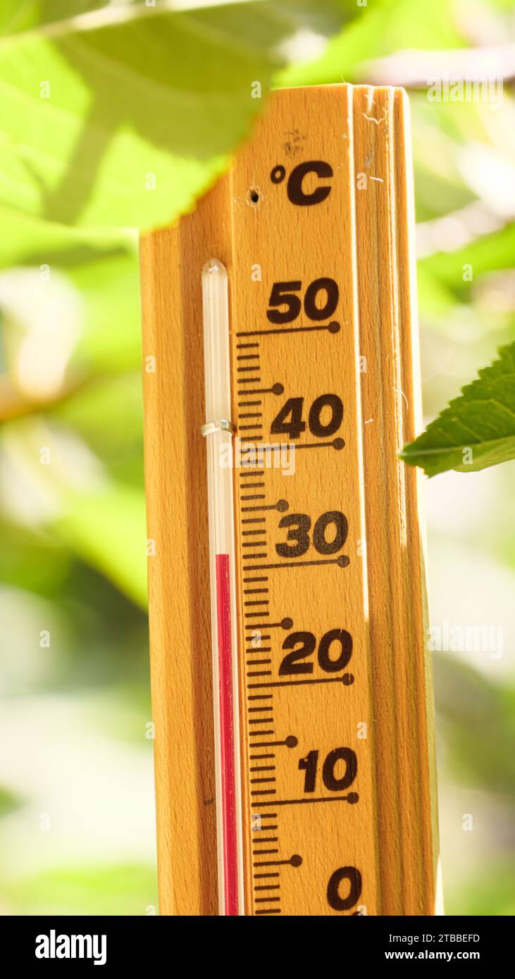 The thermometer shows a temperature of 30 degrees Celsius during the warm days of an extreme heatwave and the hot summer weather season in Earth. Stock Photo