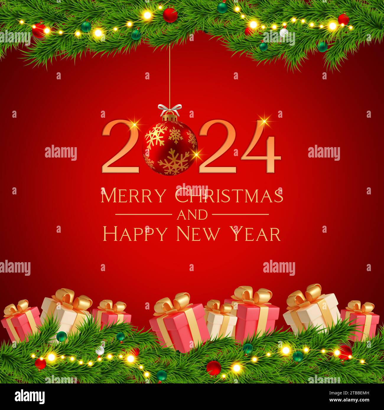 Merry Christmas & Happy New Year 2024 with fir branches and decoration ornaments elements on red background. #happynewyear #merrychristmas # 2024 Stock Photo