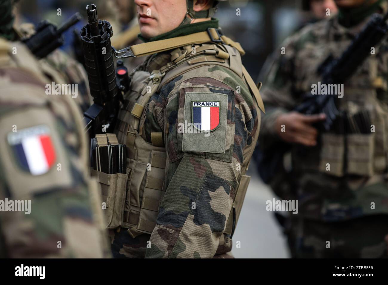 Bucharest, Romania - December 1, 2023: Shallow depth of field image with details of a French soldier in uniform during the Romanian National Day milit Stock Photo