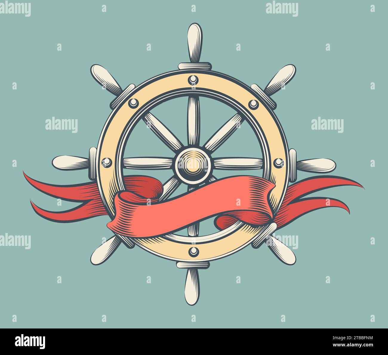 Hand Made Vintage Steering Wheel with Banner Drawn in Engraving Style. Vector Illustration. No AI was used. Stock Vector
