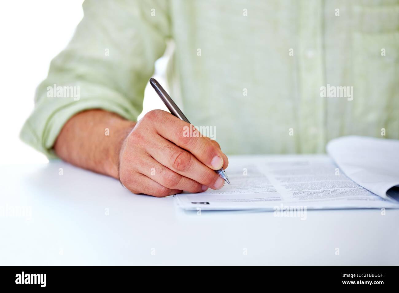 Writing, hands and business with man, contract and professional with information, paperwork and signing. Person, employee and consultant with Stock Photo