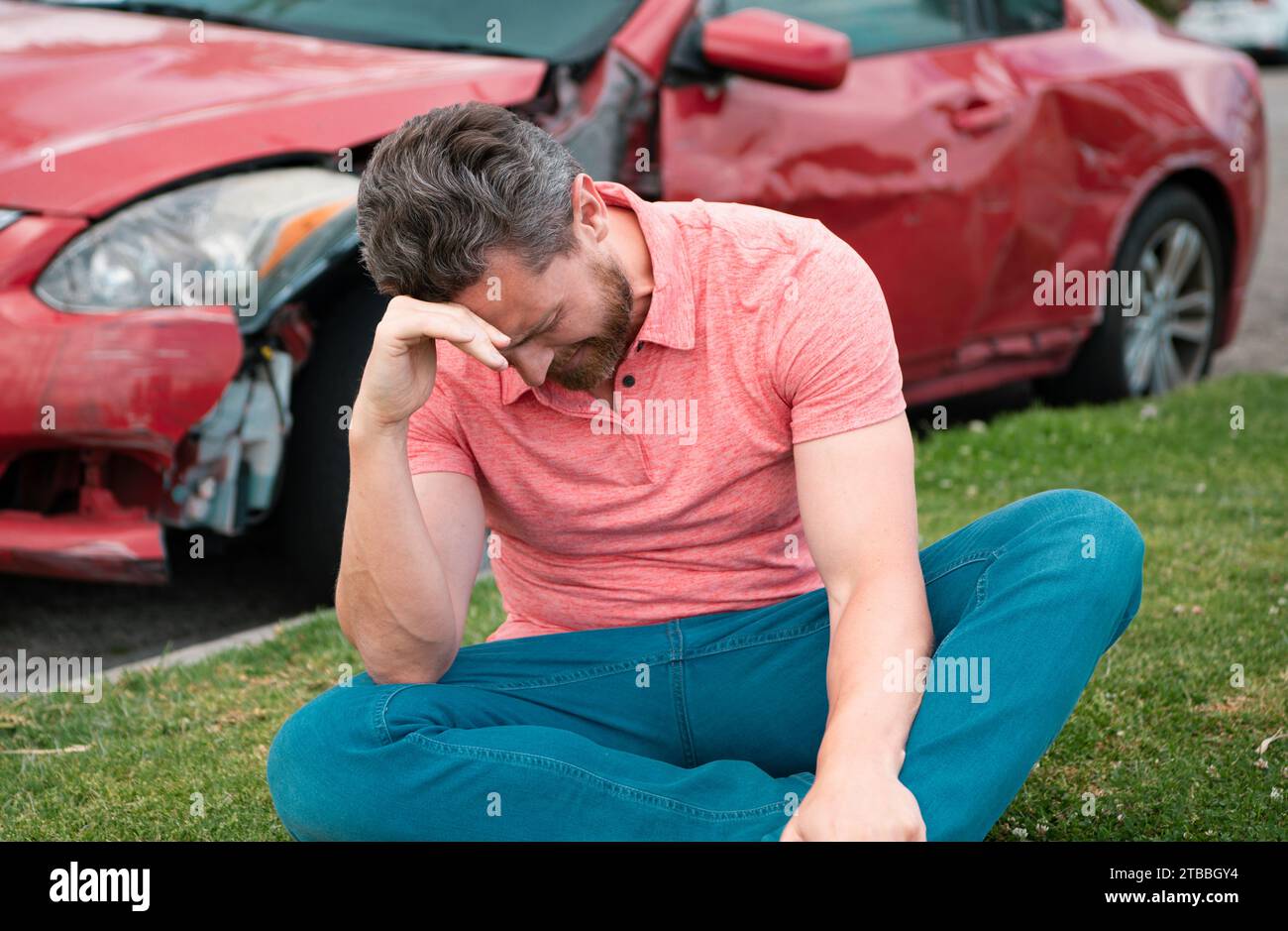 Car crash accident. Upset driver after traffic accident Stock Photo - Alamy