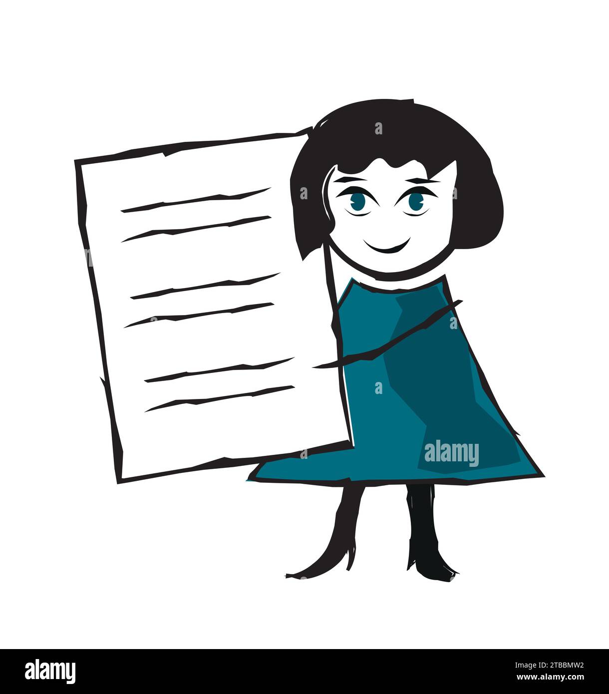Drawn girl holds a large Board for presentation Stock Vector