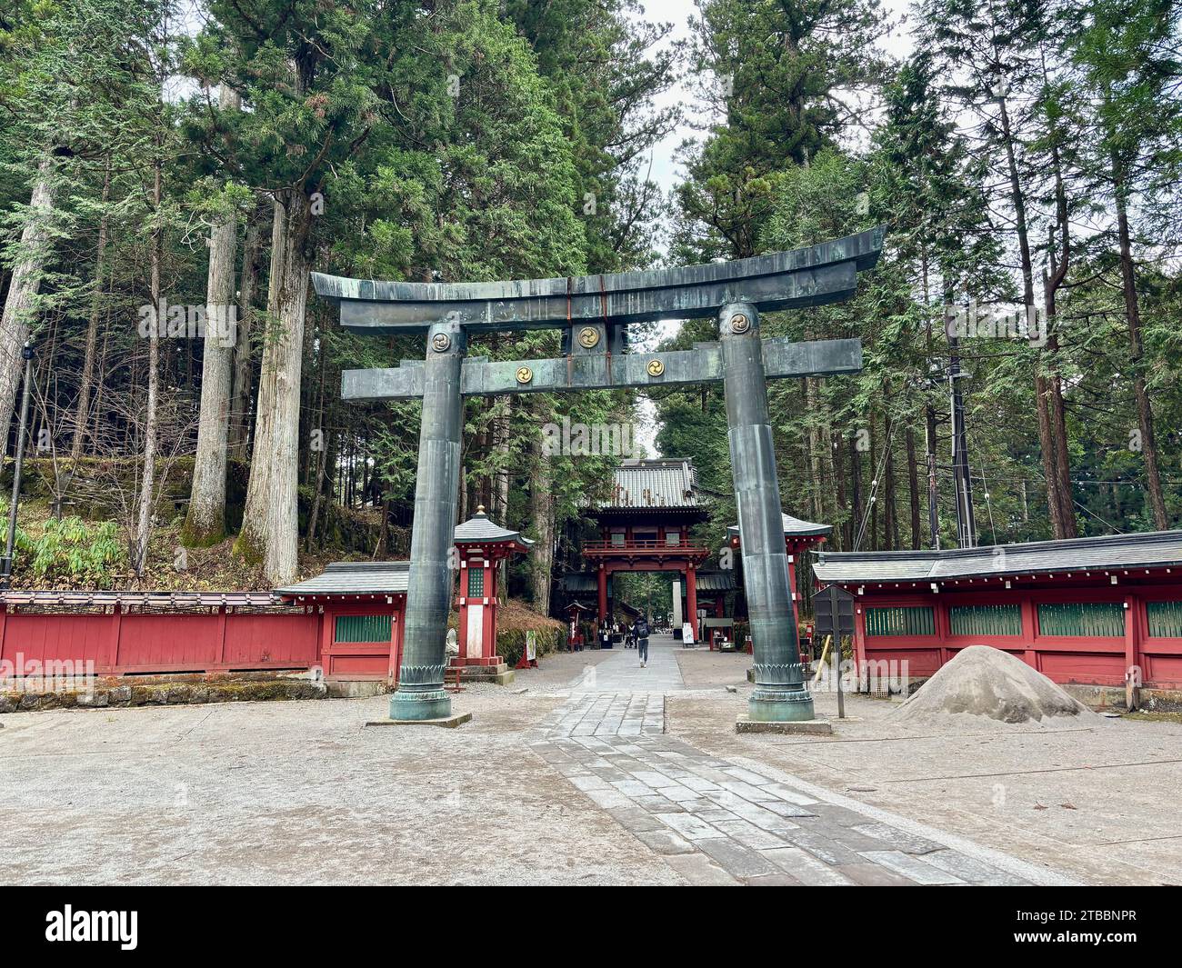 Back side of the front torii gate of the Futarasan Jinja shrine in Nikko, Japan. This shrine was founded in 767 by Shodo Shonin. Stock Photo