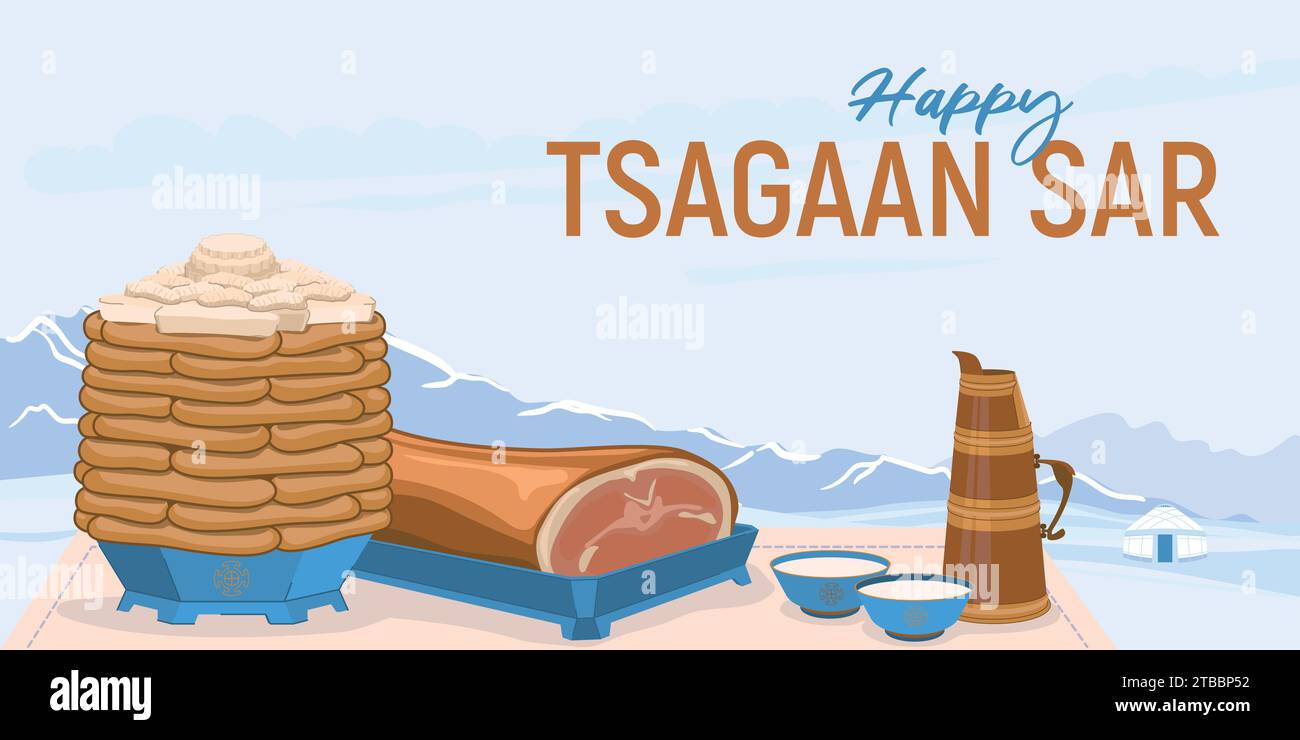 Traditional dishes for the celebration of the Mongolian New Year - Tsagaan Sar. Pies and cottage cheese. Roasted sheep's groats and milk tea against t Stock Vector