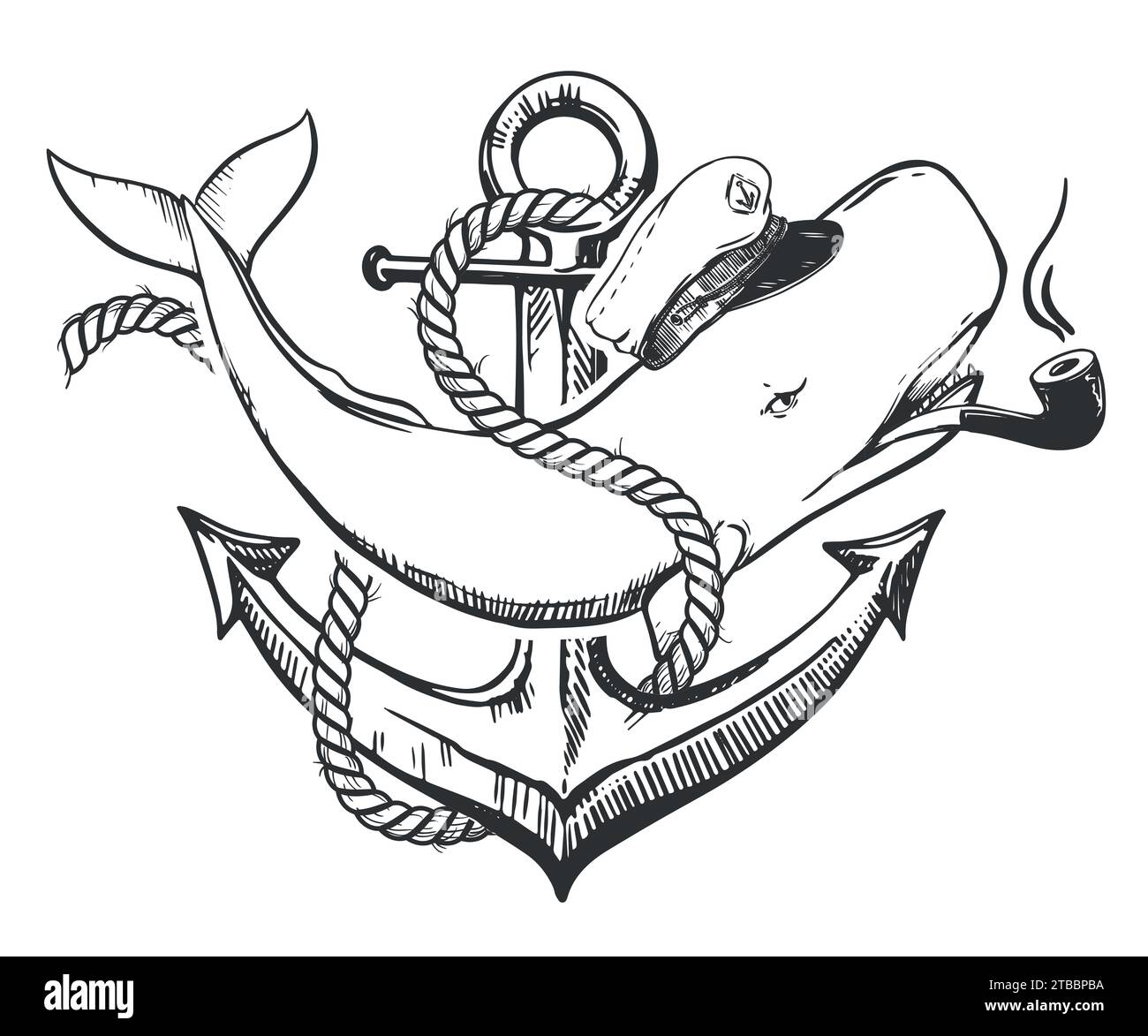 White sperm whale in a capitan cap and with a smoking pipe in his mouth. A creative illustration of a whale entwined with a rope at anchor. Old school Stock Vector