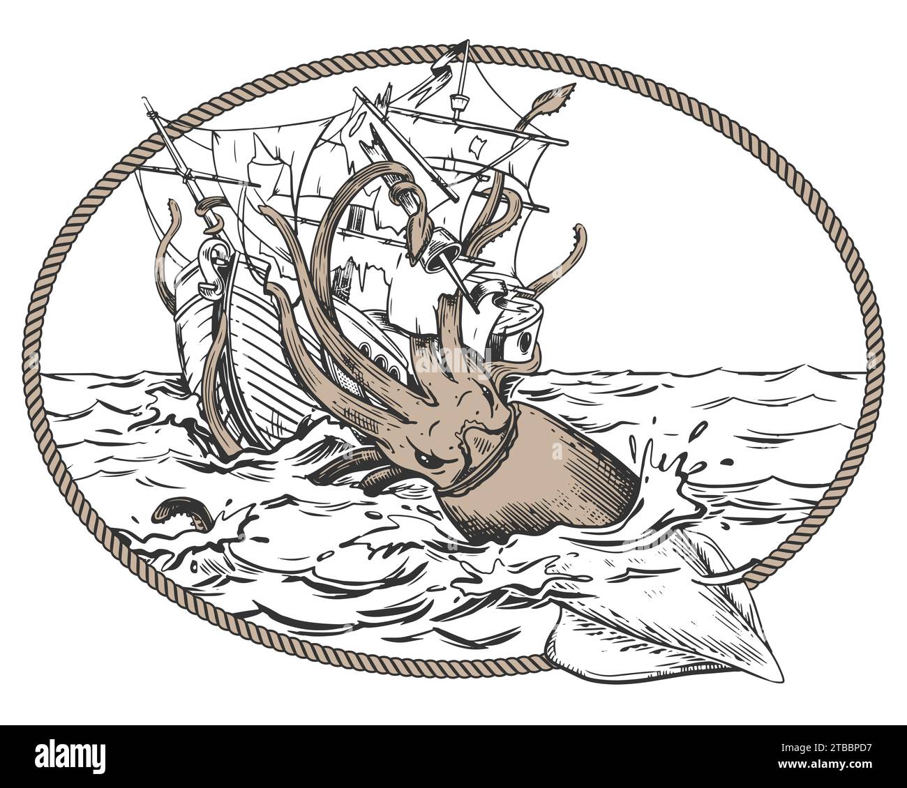 The legendary kraken is attacking the ship. A squid drags a sailboat underwater. Monochrome drawing in an oval rope frame. Vector illustration in engr Stock Vector