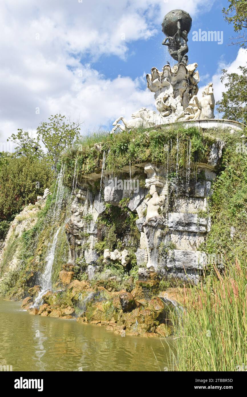 The Lac des Grottes & Titan Fountain, in the Plateau des Poètes a remarkable landscaped garden, in the English style on a hillside in Béziers, France. Stock Photo