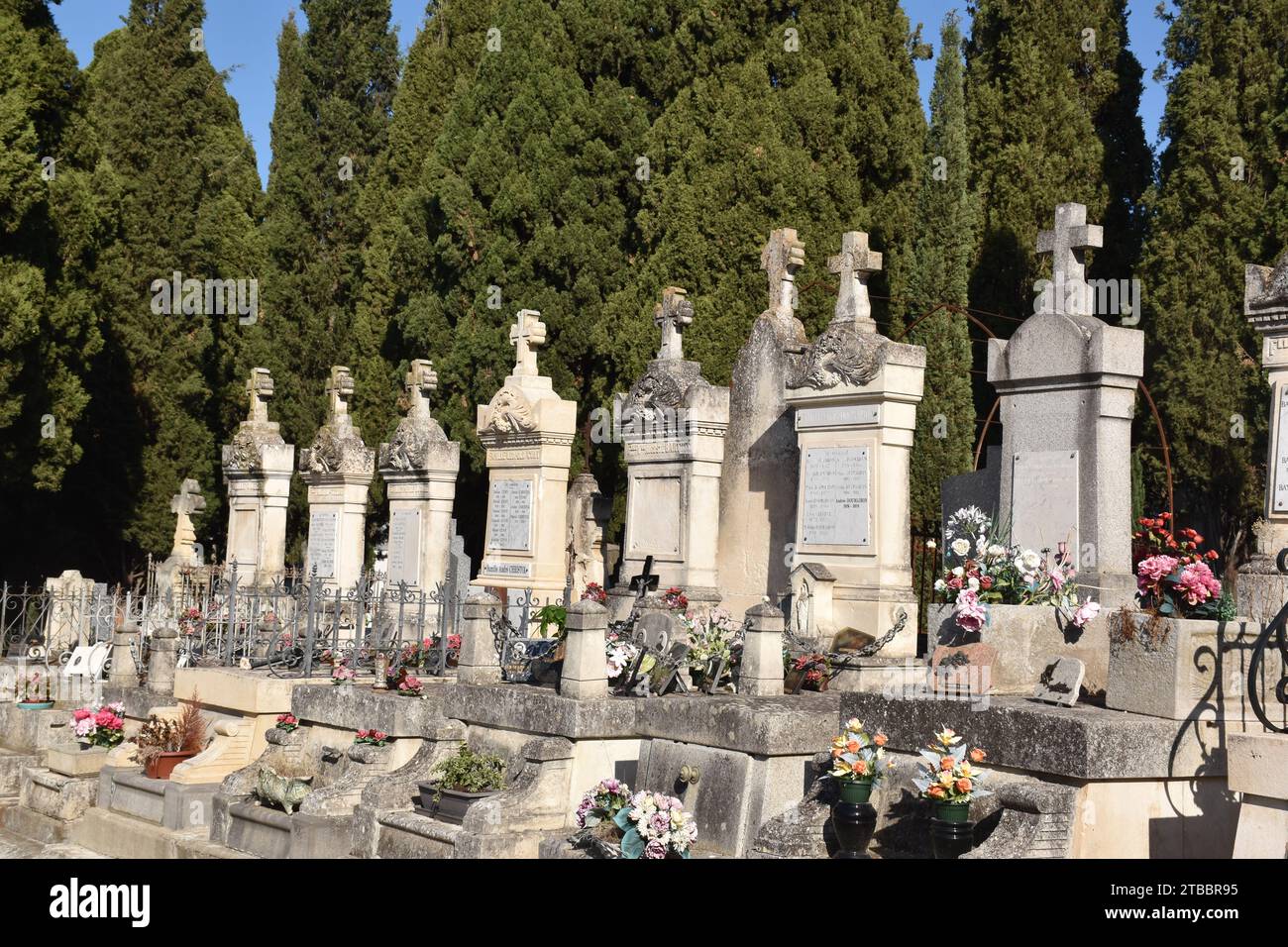 The wonderful Cimetière Vieux, the old cemetery in Béziers, France. Opened in 1812, prolific pines & cypress trees & many superb tombs & mausolea Stock Photo