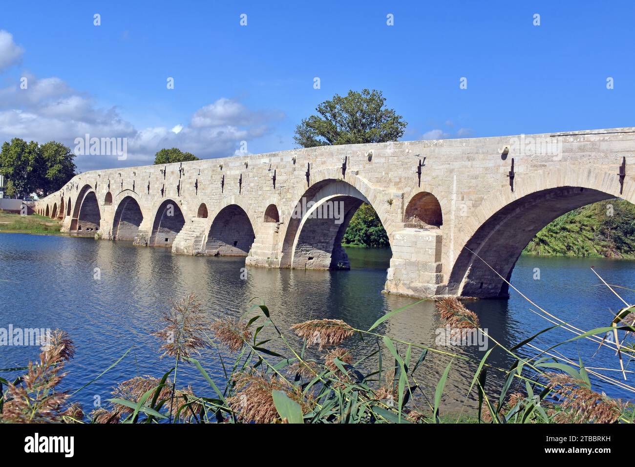 The C11th Pont Vieux, Old Bridge, across the R Orb and its floodplain, on the south-west side of the city, a few massive-cutwaters, multiple spans Stock Photo