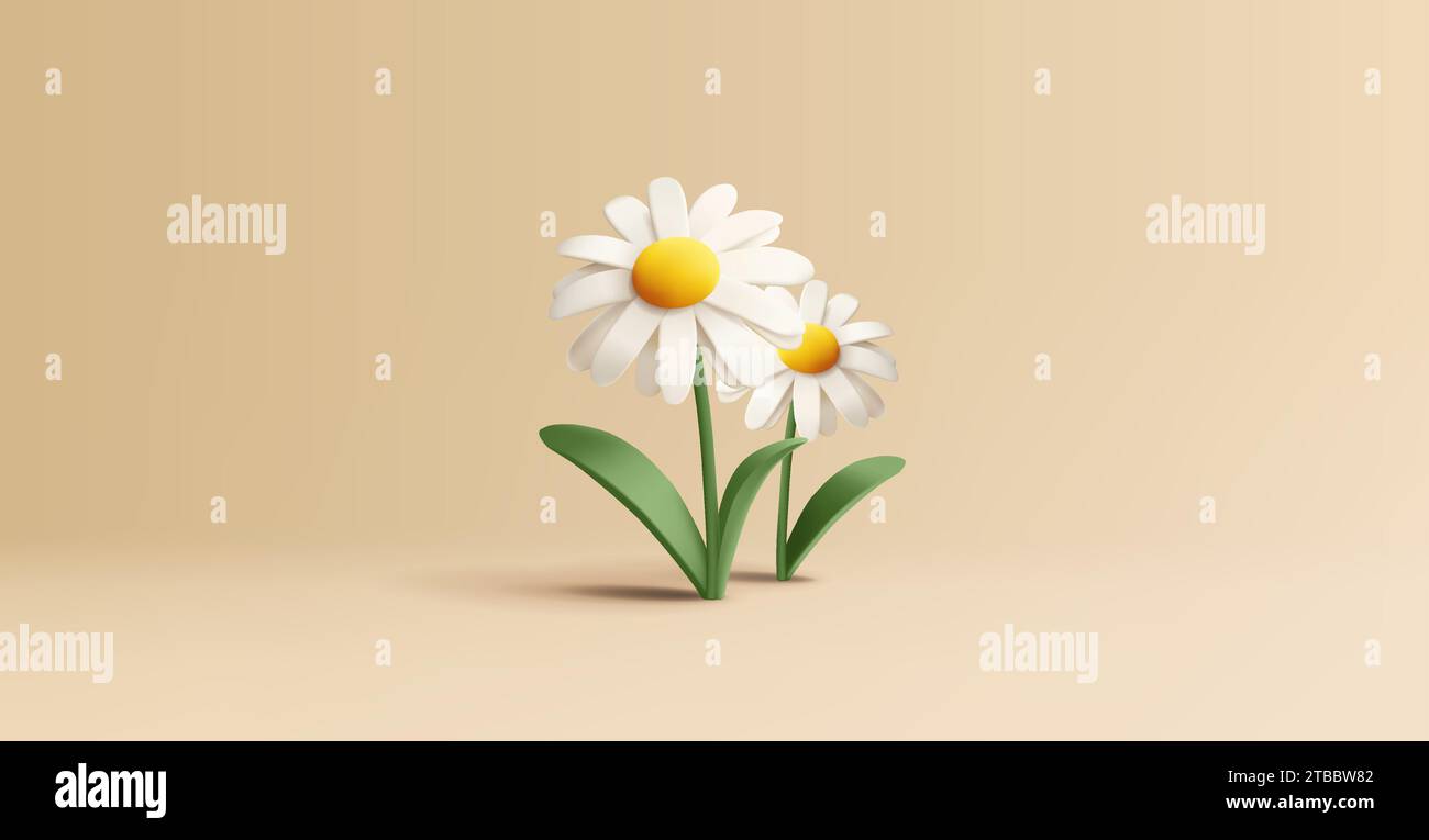 Cute chamomile or daisy flowers on stem with leaves 3D illustration ...