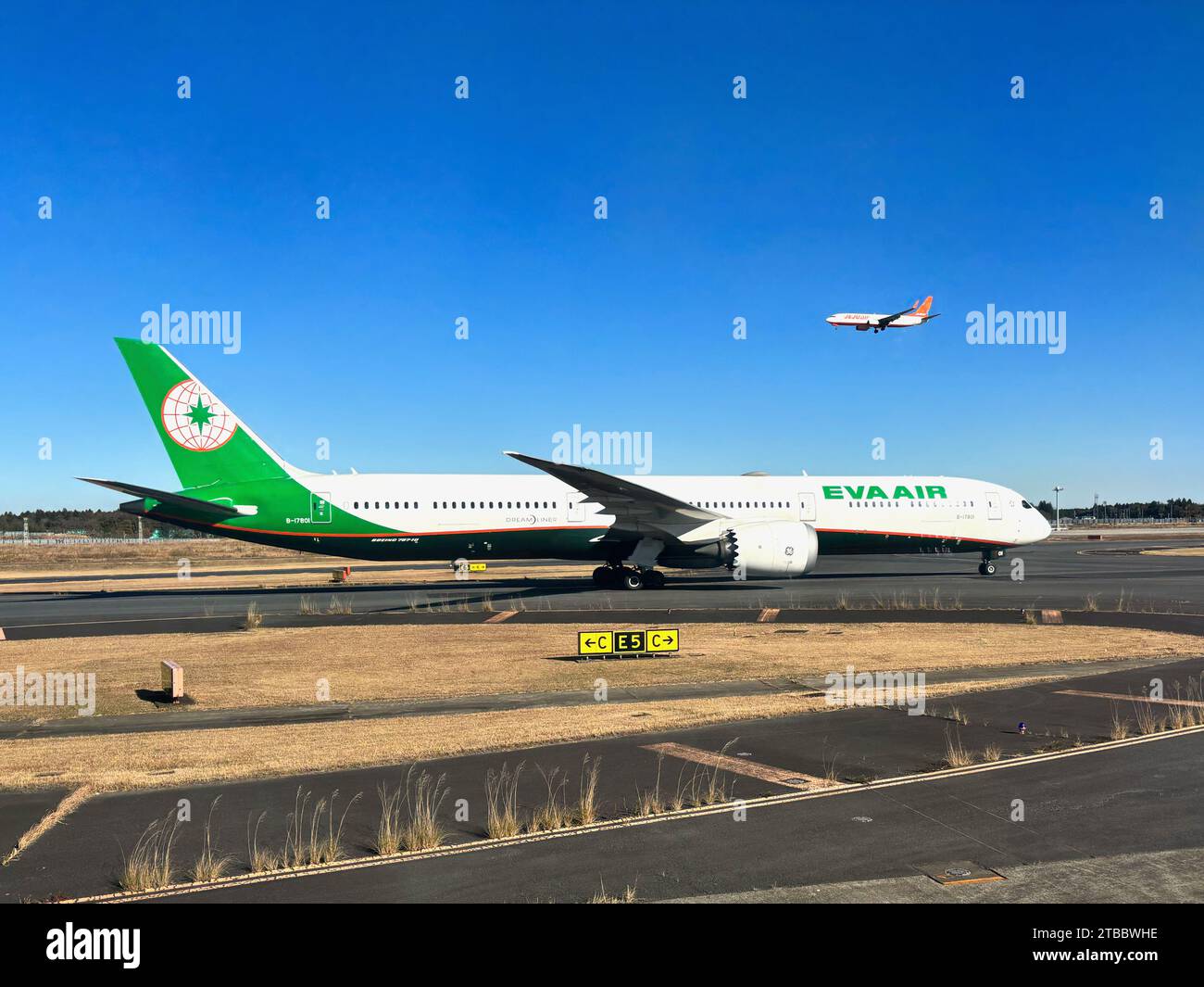 A EVA Air airplane taxiing on the runway at Tokyo's Narita International Airport. An arriving airplane can be seen in the background. Stock Photo