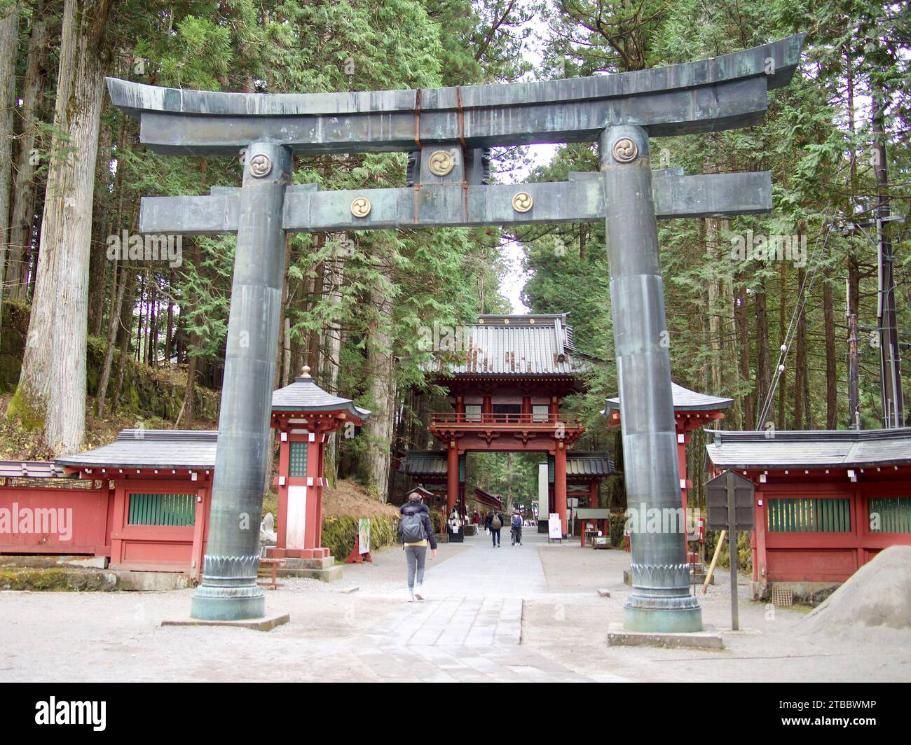 The front torii gate of the Futarasan Jinja shrine in Nikko, Japan. This shrine was founded in 767 by Shodo Shonin. Stock Photo