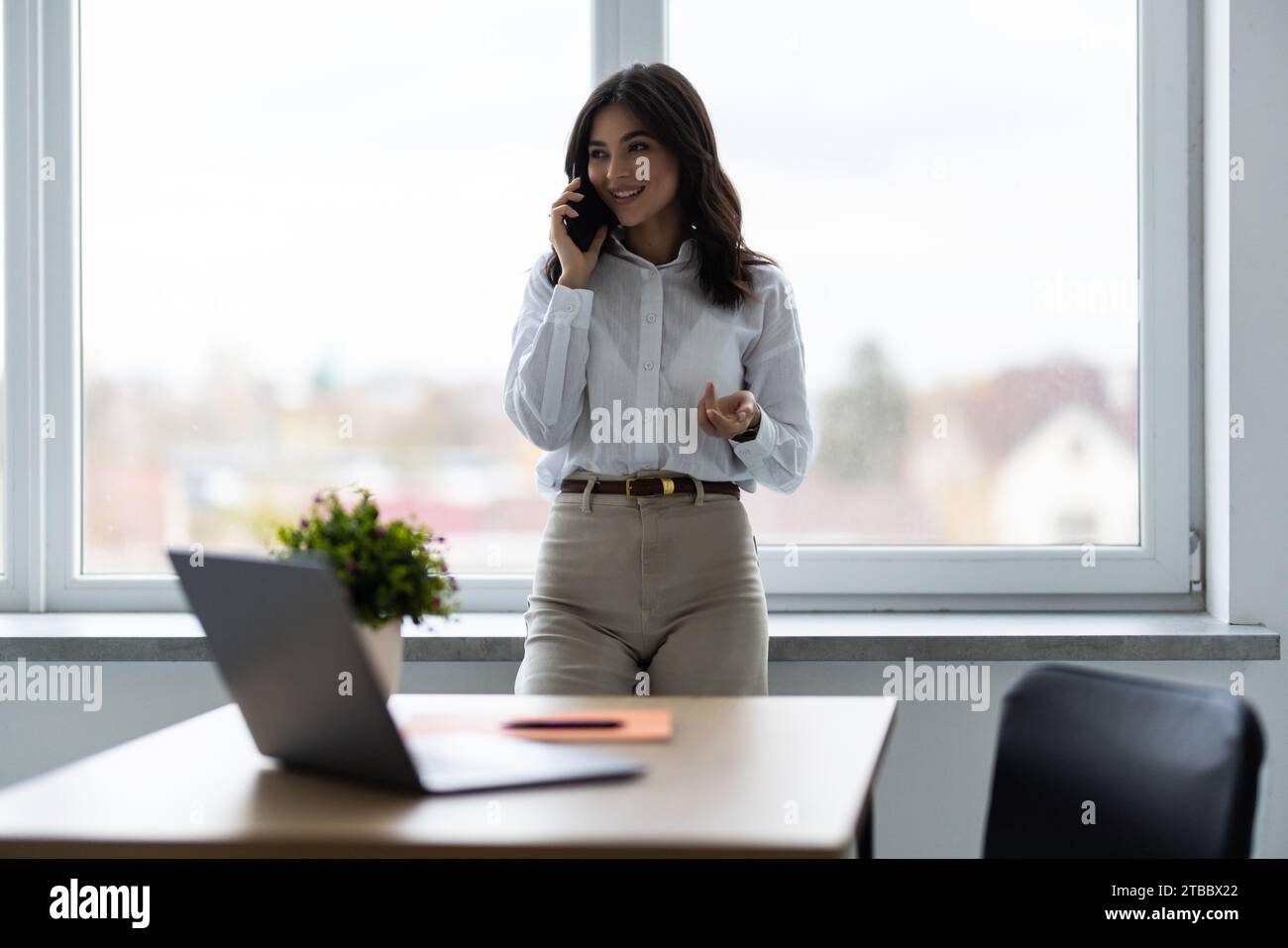 Young brunette woman talking on mobile phone while standing in modern office Stock Photo
