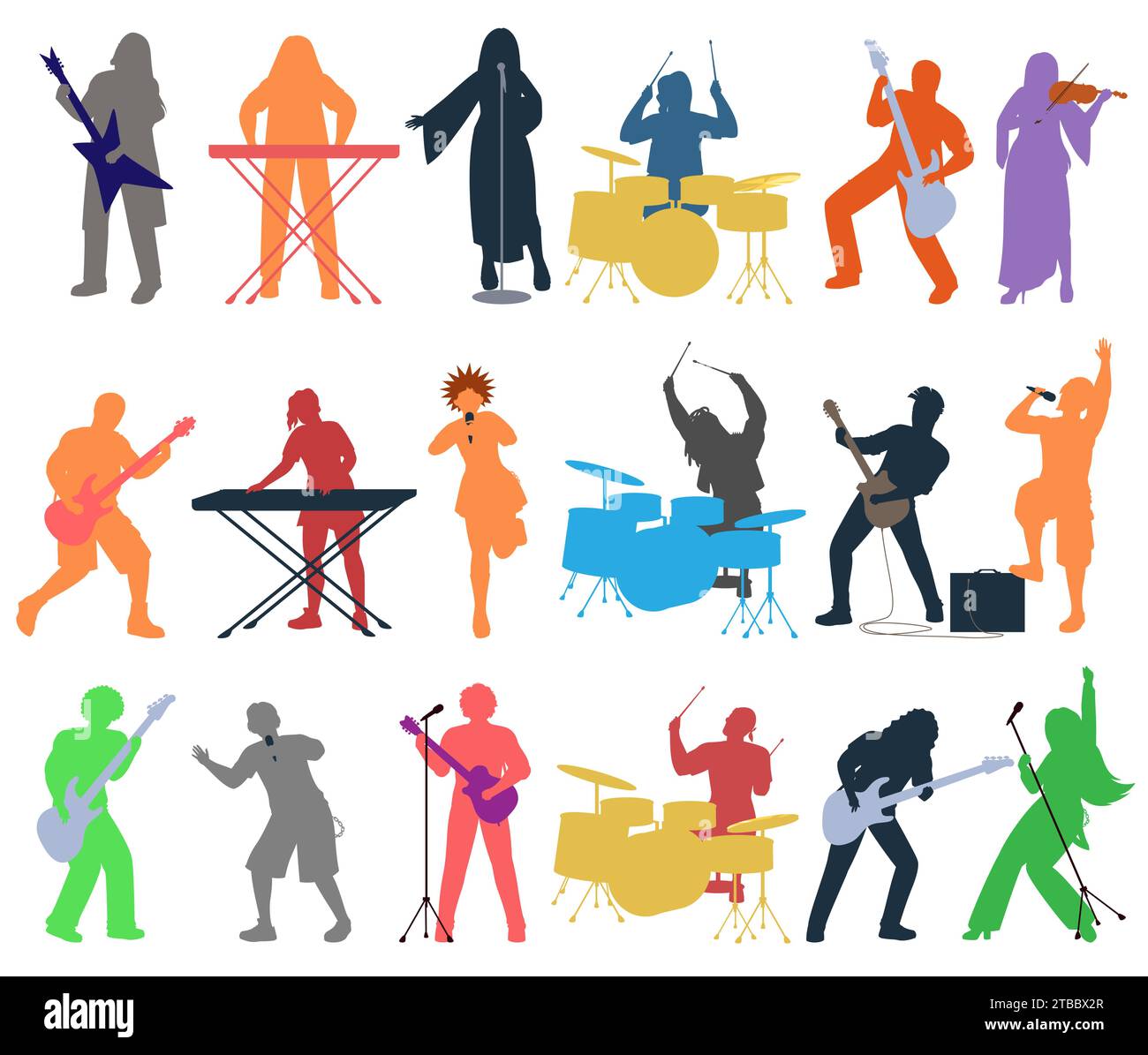 Punk or rock band people colored silhouette playing different musical instrument isolated set on