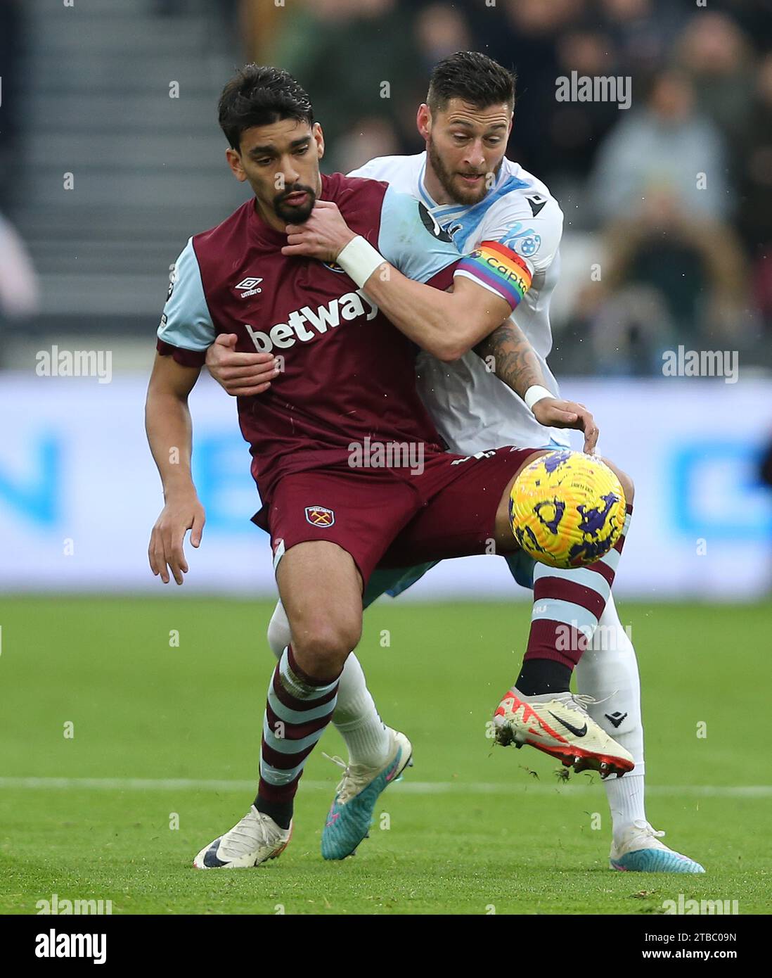 Lucas Paqueta of West Ham United battles Joel Ward of Crystal Palace ...