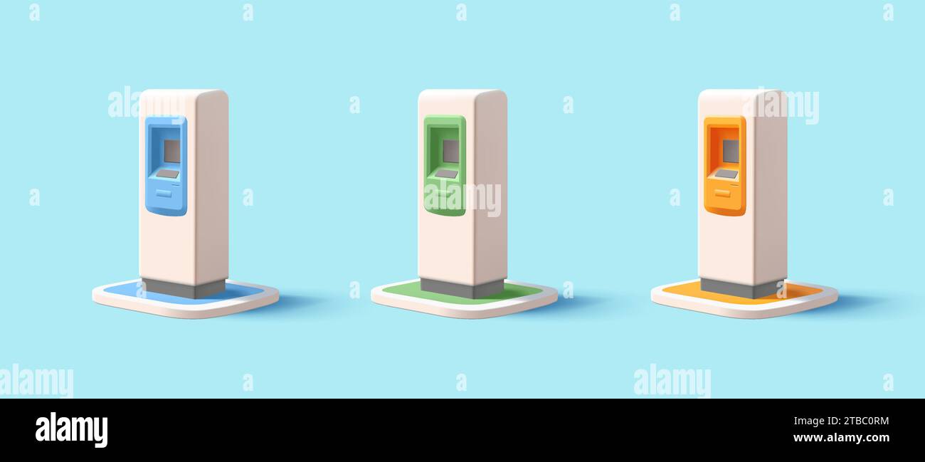 3D render cartoon ATM machine, realistic screen and buttons, set in ...