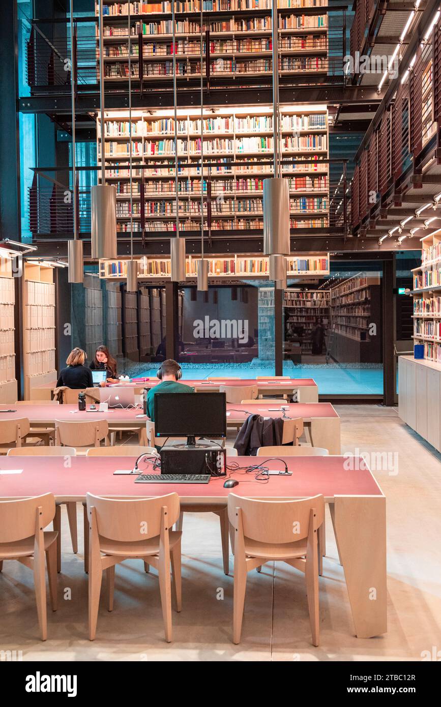Contemporary Jewish documentation center foundation. Modern library inside Milan Central Station. Industrial, contemporary architecture. Italy Stock Photo