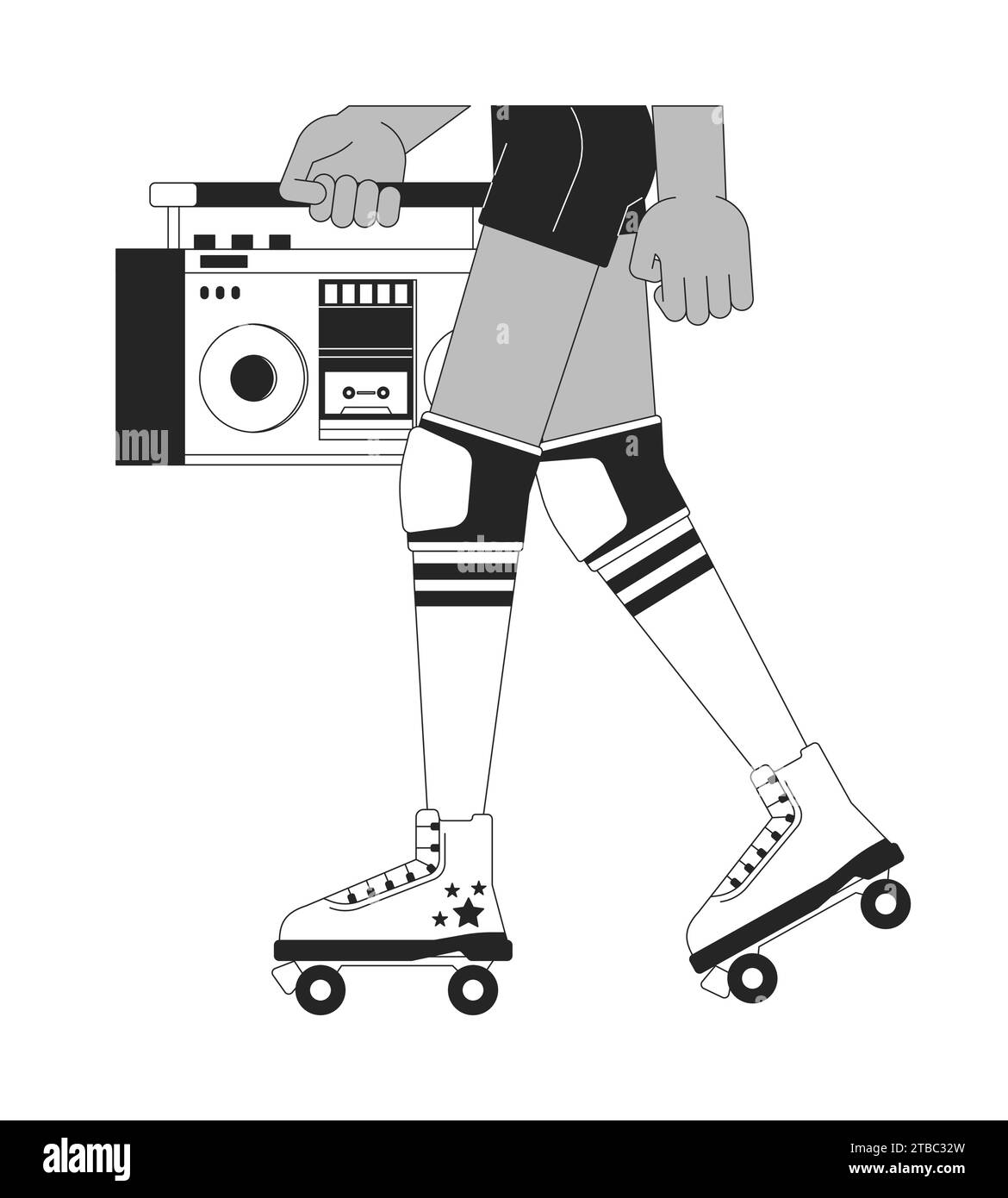 Female roller skater carrying boombox black and white 2D line cartoon legs closeup Stock Vector