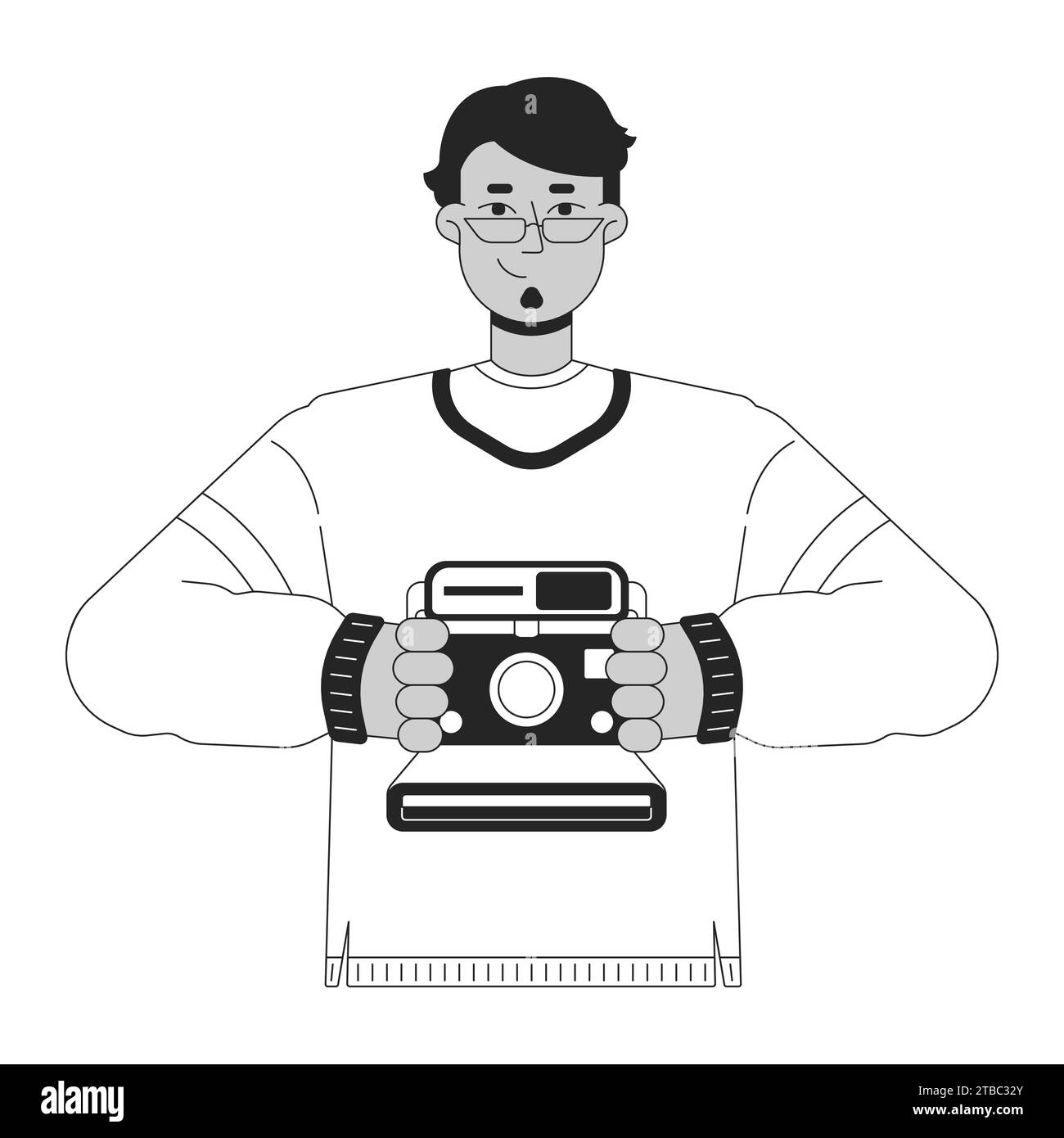 Cheerful arab man holding retro camera black and white 2D line cartoon