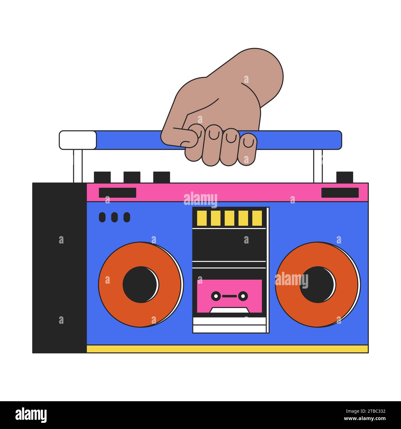 Holding audio boombox linear cartoon character hand illustration Stock Vector