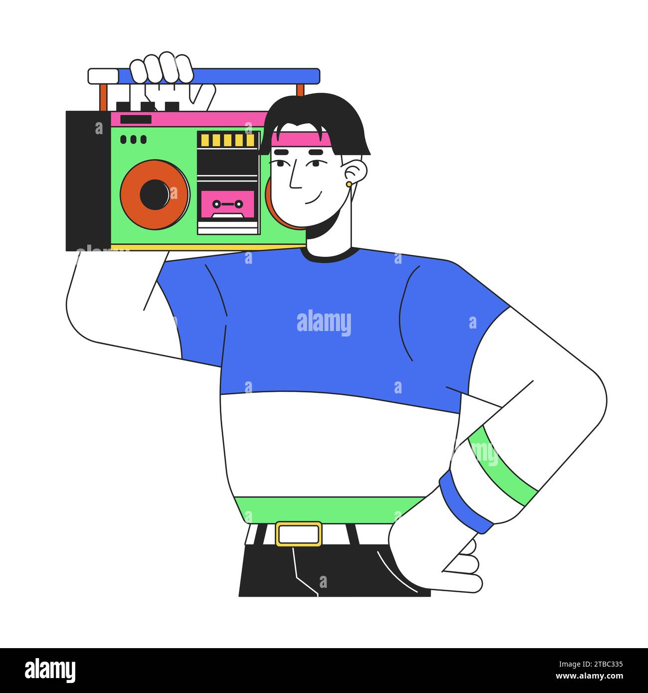 Cool korean boy holding boombox on shoulder 2D linear cartoon character Stock Vector