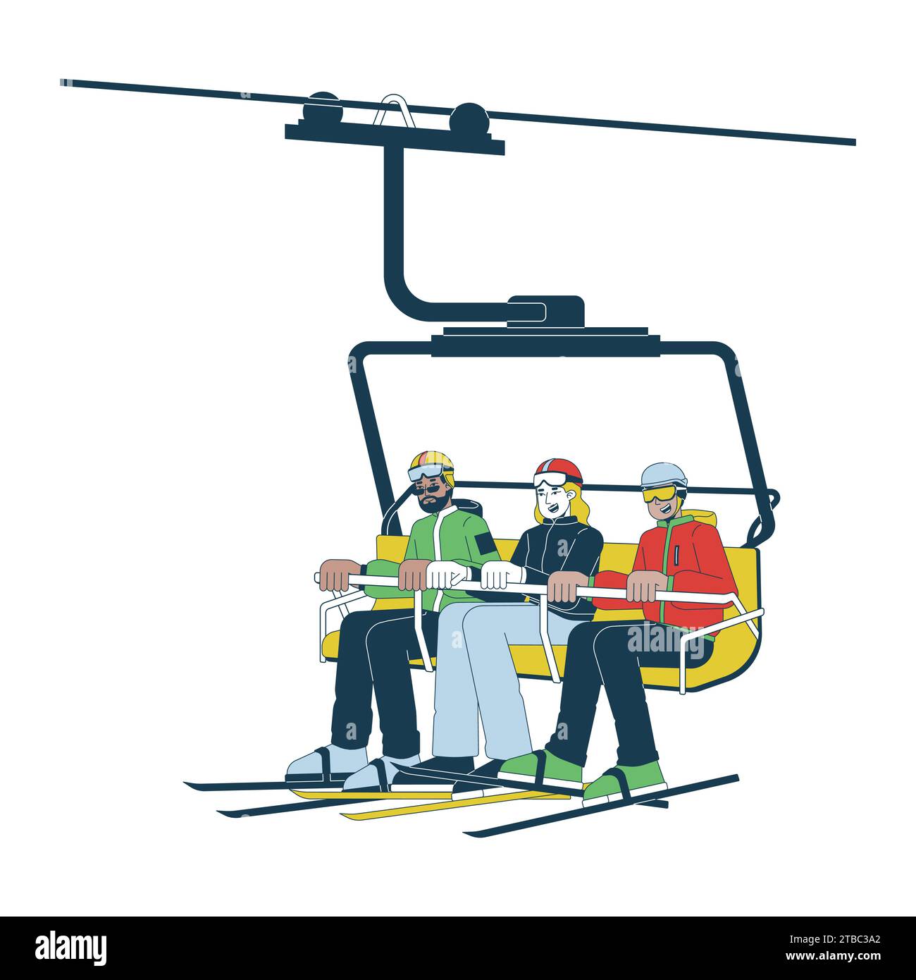 Skiing warm clothing people on chairlift 2D linear cartoon characters