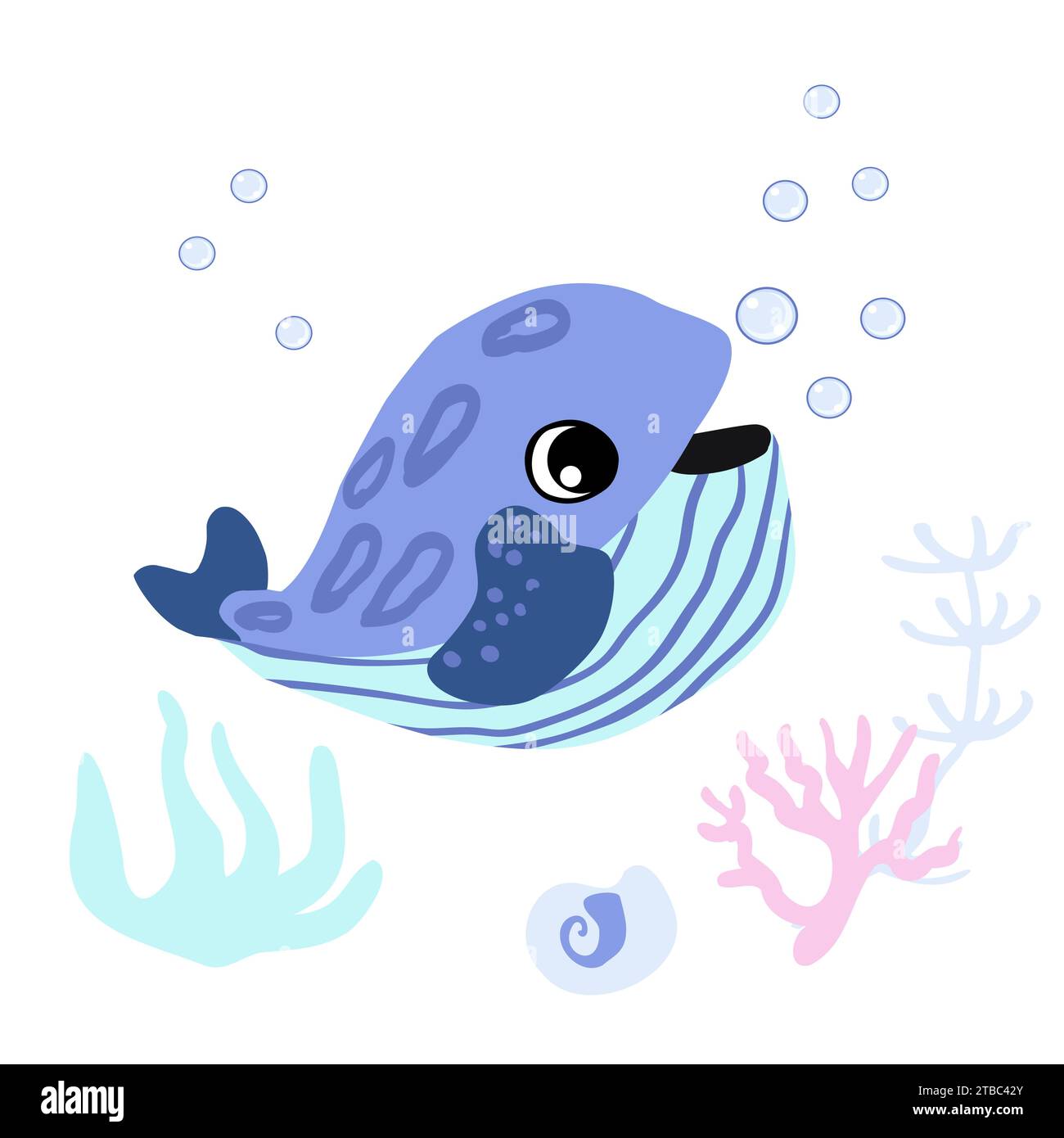 Cute Minke whale with bubbles, seashells and seaweed underwater. Vector illustration of marine life character Stock Vector