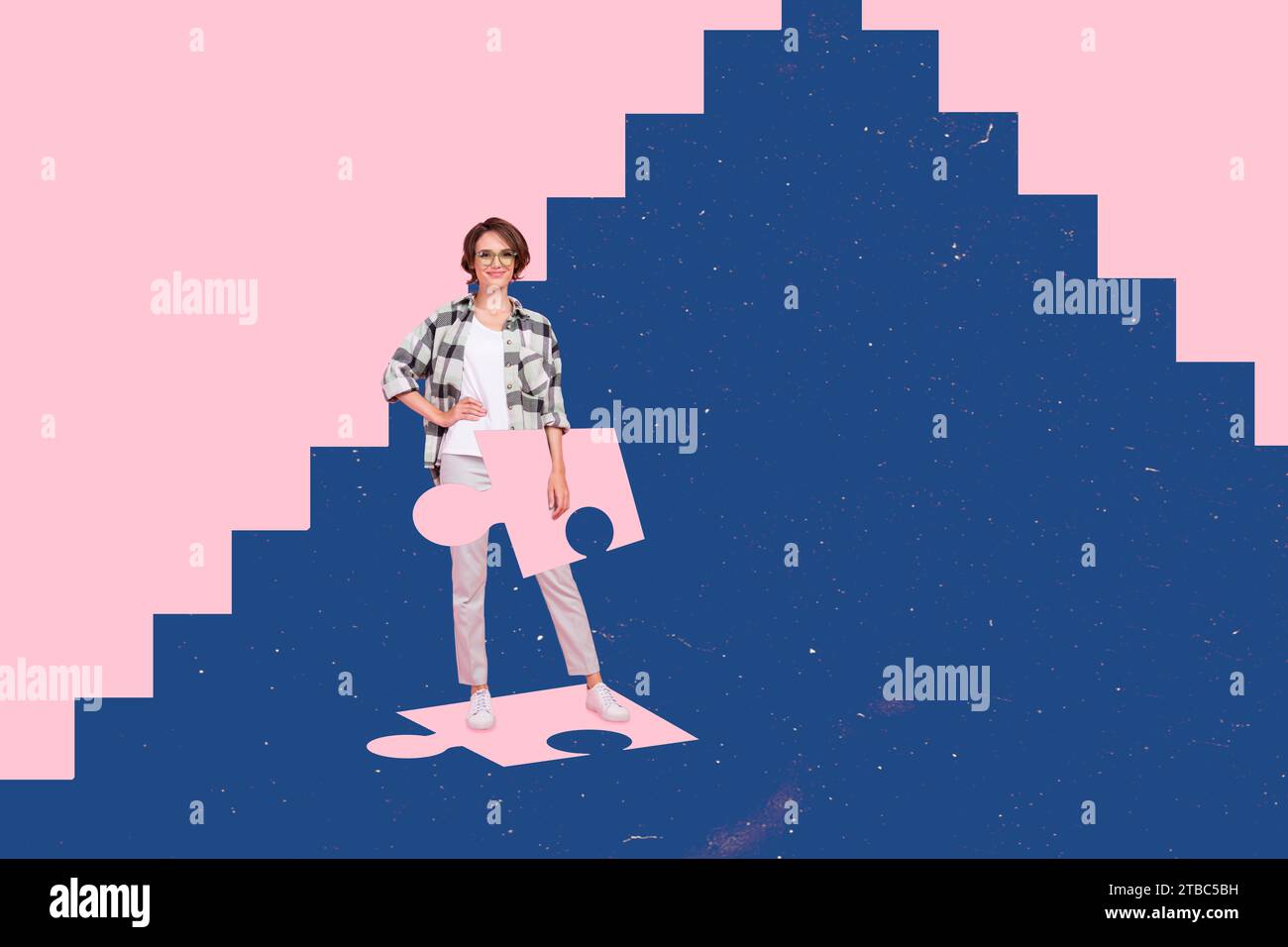 Composite collage image of young female hold puzzle piece pyramid ...