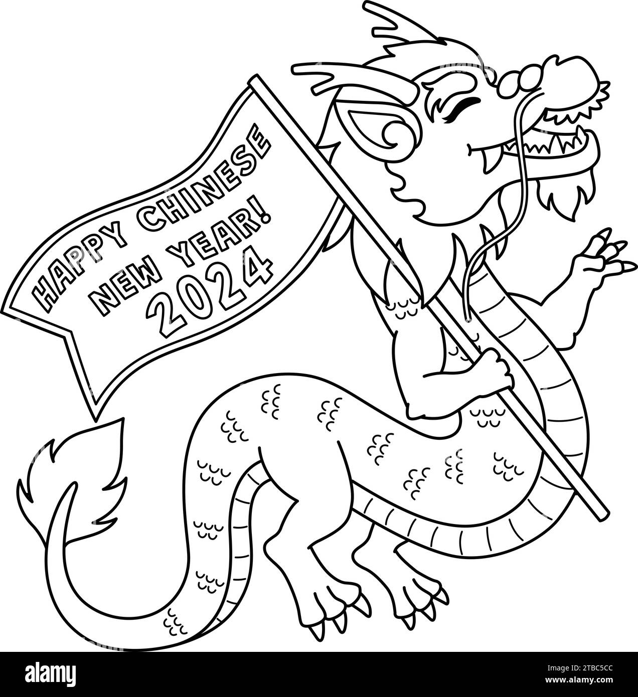 Year of the Dragon Holding Flag Isolated Coloring Stock Vector Image